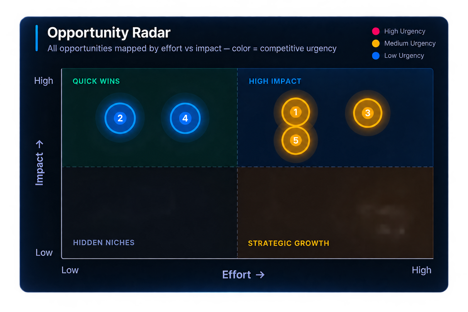 Opportunity Radar chart plotting five business opportunities by effort versus impact, colour-coded by competitive urgency, grouped into Quick Wins, High Impact, Strategic Growth and Hidden Niches quadrants.